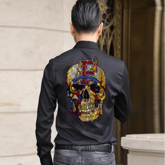 2021 Férfiaknak tervezett karcsú szabású, casual rhinestone-díszítésű ing álló gallérral