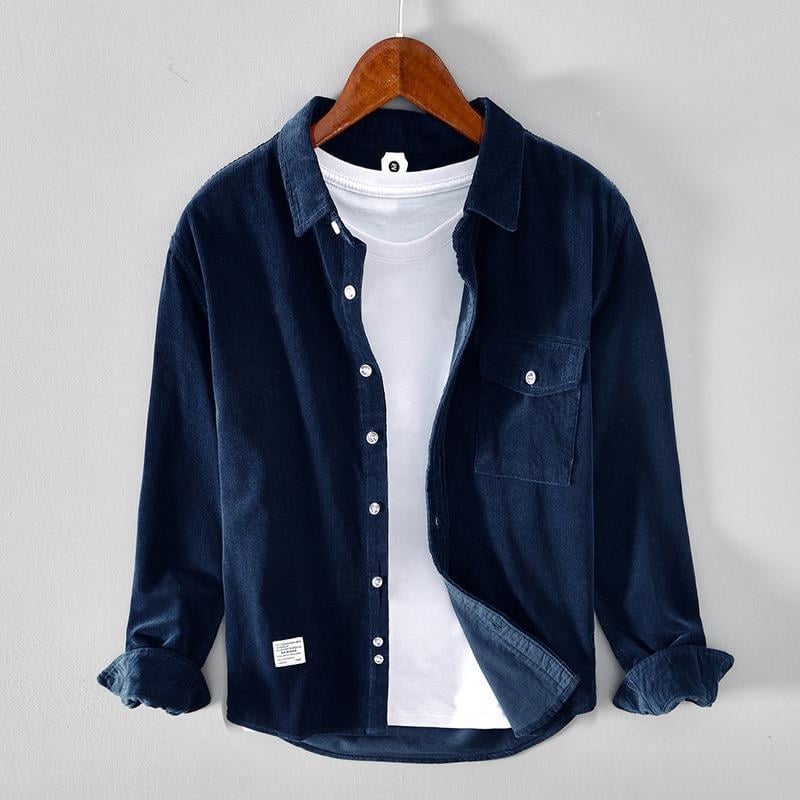 Muška košulja-jakna od pamuka corduroja, vintage stil, dugi rukavi, jednobojna boja, rever ovratnik, opušten kroj za jesen i zimu.