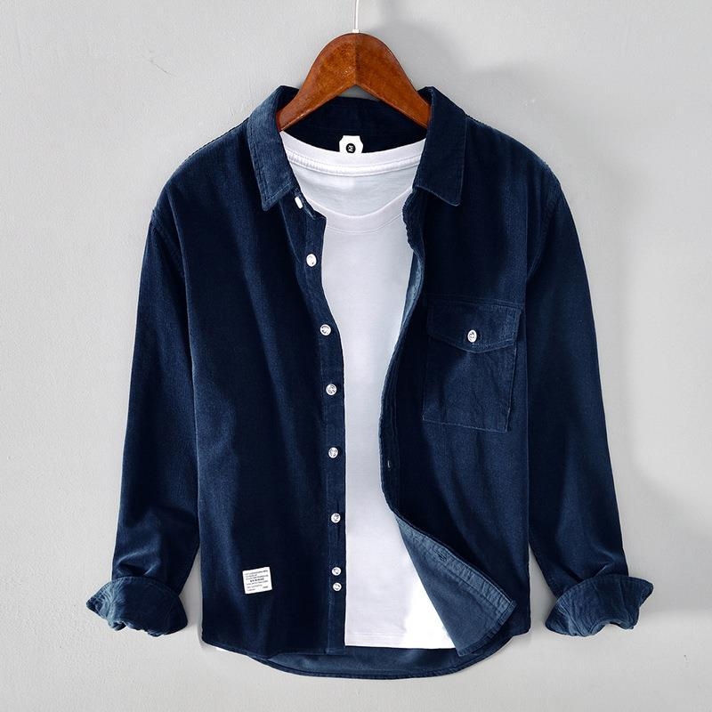 Muška košulja-jakna od pamuka corduroja, vintage stil, dugi rukavi, jednobojna boja, rever ovratnik, opušten kroj za jesen i zimu.