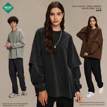 2026 őszi retro stílusú férfi hosszú ujjú felső, hamis két részes hatás, kerek nyak, street style, 100% pamut