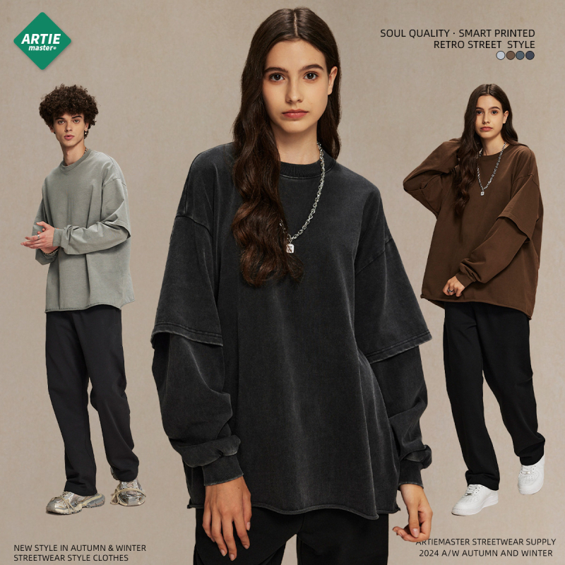 2026 őszi retro stílusú férfi hosszú ujjú felső, hamis két részes hatás, kerek nyak, street style, 100% pamut