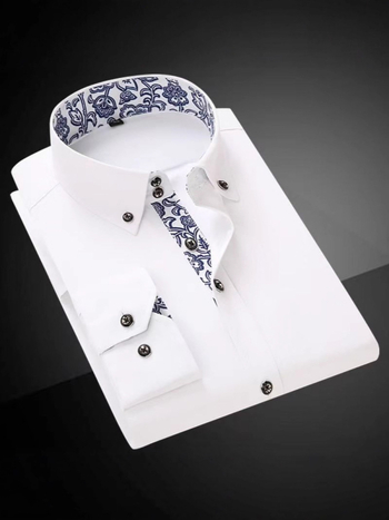 Férfi kék-fehér porcelán mintás ing, rövid ujjú, slim fit, pamutkeverék anyagból, hétköznapi stílus