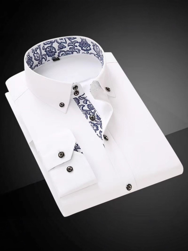 Férfi kék-fehér porcelán mintás ing, rövid ujjú, slim fit, pamutkeverék anyagból, hétköznapi stílus