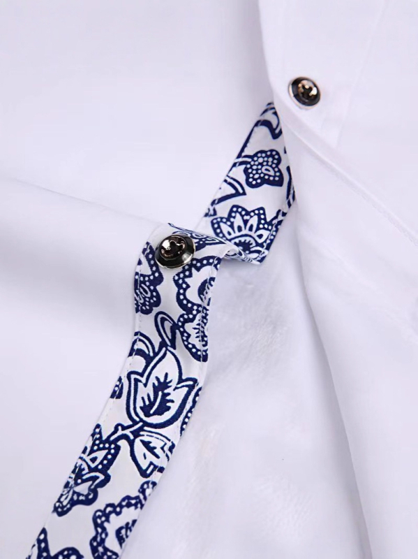 Férfi kék-fehér porcelán mintás ing, rövid ujjú, slim fit, pamutkeverék anyagból, hétköznapi stílus