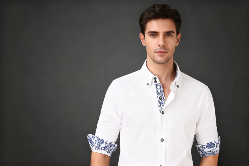 Férfi kék-fehér porcelán mintás ing, rövid ujjú, slim fit, pamutkeverék anyagból, hétköznapi stílus