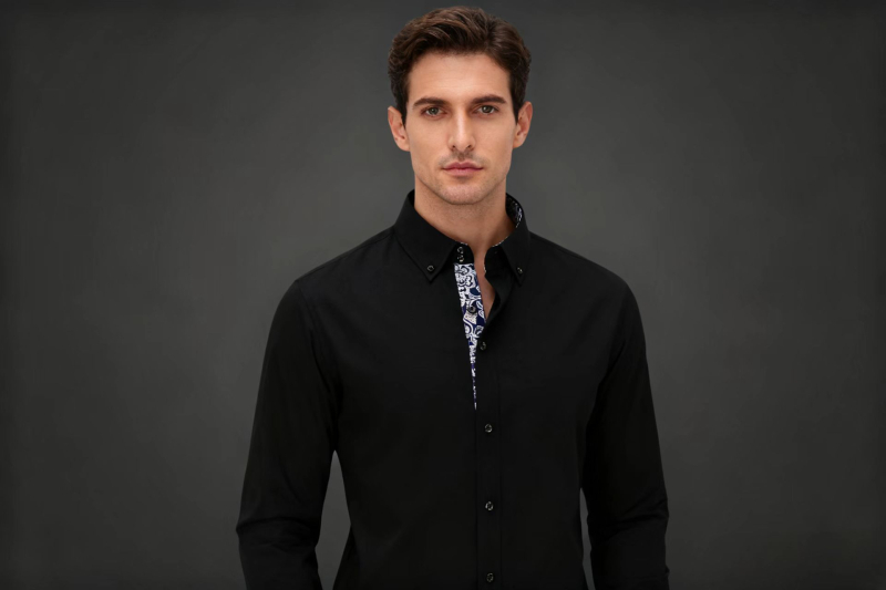 Férfi kék-fehér porcelán mintás ing, rövid ujjú, slim fit, pamutkeverék anyagból, hétköznapi stílus