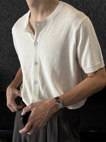 Muško ljetno lagano pleteni T-shirt s kratkim rukavima, opuštenog kroja, kardigan stil, inspiriran hongkonškim/japanskim streetwearom, casual