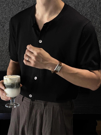 Muško ljetno lagano pleteni T-shirt s kratkim rukavima, opuštenog kroja, kardigan stil, inspiriran hongkonškim/japanskim streetwearom, casual