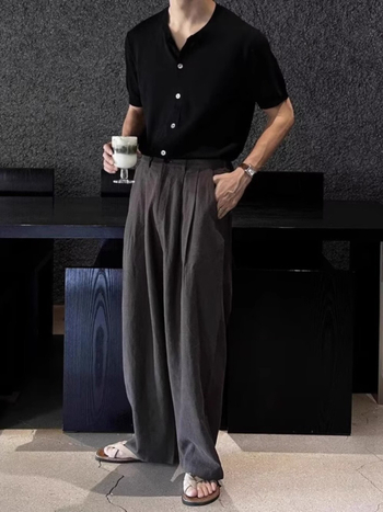 Muško ljetno lagano pleteni T-shirt s kratkim rukavima, opuštenog kroja, kardigan stil, inspiriran hongkonškim/japanskim streetwearom, casual