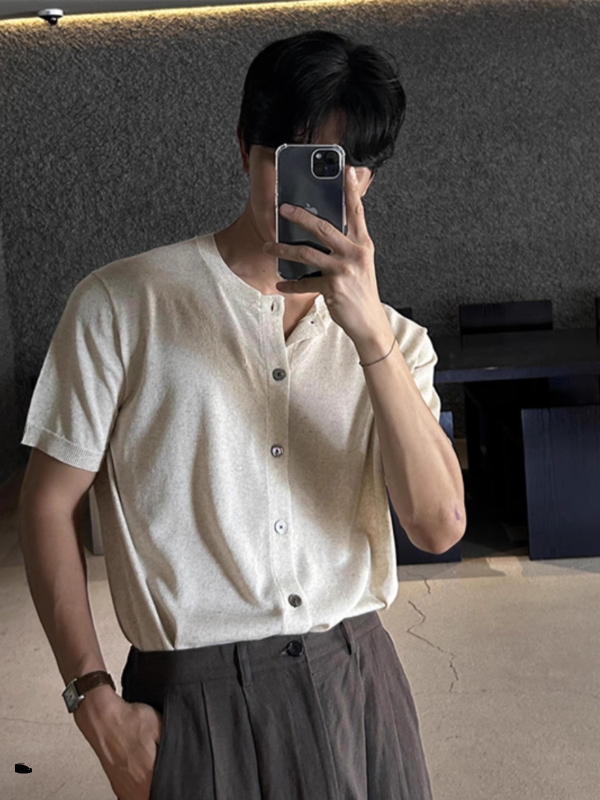 Muško ljetno lagano pleteni T-shirt s kratkim rukavima, opuštenog kroja, kardigan stil, inspiriran hongkonškim/japanskim streetwearom, casual
