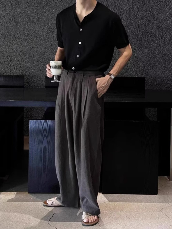 Muško ljetno lagano pleteni T-shirt s kratkim rukavima, opuštenog kroja, kardigan stil, inspiriran hongkonškim/japanskim streetwearom, casual
