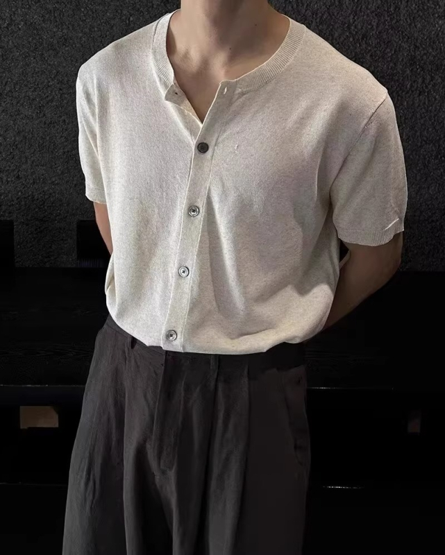 Muško ljetno lagano pleteni T-shirt s kratkim rukavima, opuštenog kroja, kardigan stil, inspiriran hongkonškim/japanskim streetwearom, casual