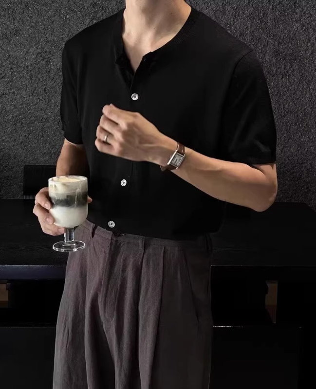 Muško ljetno lagano pleteni T-shirt s kratkim rukavima, opuštenog kroja, kardigan stil, inspiriran hongkonškim/japanskim streetwearom, casual