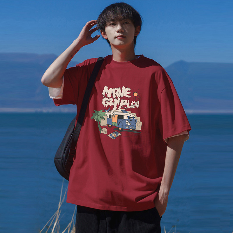 Amerikai stílusú retró kartún pamut rövid ujjú póló férfiaknak, laza szabás, nyár, plusz méret, streetwear