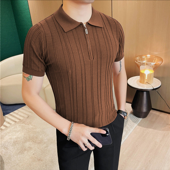 Muška polo od pletenine sa zatvaračem, kratki rukavi, uski kroj, ljeto 2025, američki retro stil