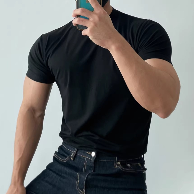Brit stílusú férfi nyári slim-fit póló kerek nyakkal, rövid ujjú, alapréteg öltönyhöz