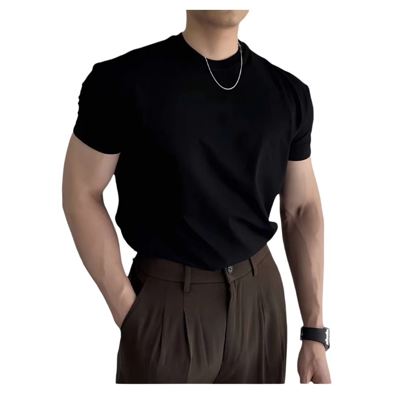 Brit stílusú férfi nyári slim-fit póló kerek nyakkal, rövid ujjú, alapréteg öltönyhöz