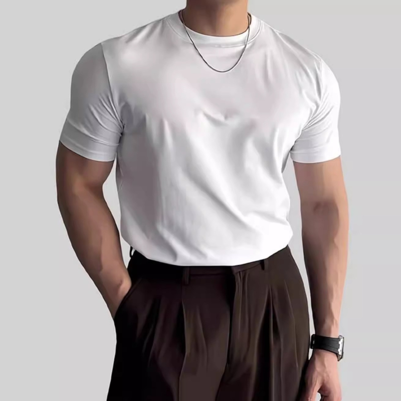 Brit stílusú férfi nyári slim-fit póló kerek nyakkal, rövid ujjú, alapréteg öltönyhöz