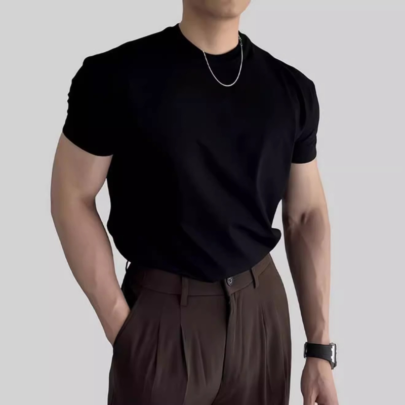 Brit stílusú férfi nyári slim-fit póló kerek nyakkal, rövid ujjú, alapréteg öltönyhöz