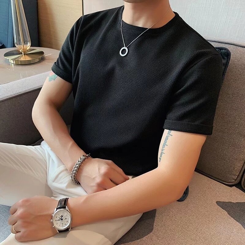 Muško ljetno T-shirt s waffle uzorkom, opuštena silueta, kratki rukav, jednobojna boja, casual