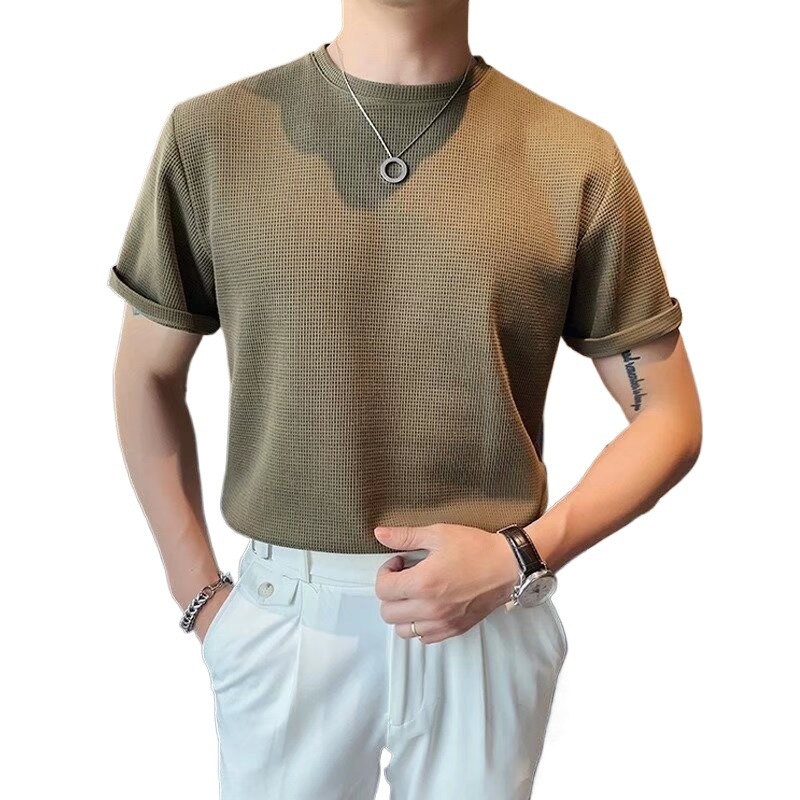 Muško ljetno T-shirt s waffle uzorkom, opuštena silueta, kratki rukav, jednobojna boja, casual