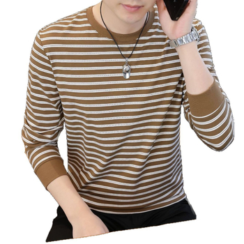Férfi csíkos fleece-béléssel ellátott hosszú ujjú T-shirt, kerek nyakú, üzleti-casual stílus
