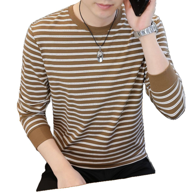 Férfi csíkos fleece-béléssel ellátott hosszú ujjú T-shirt, kerek nyakú, üzleti-casual stílus