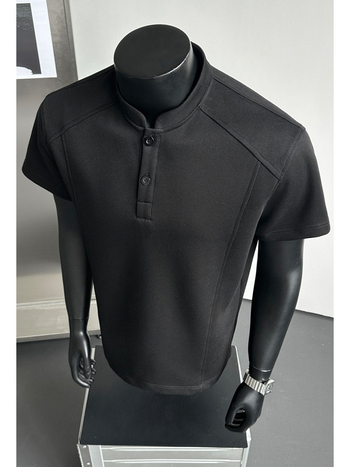 Férfi Henley galléros rövid ujjú póló, nyári casual felső