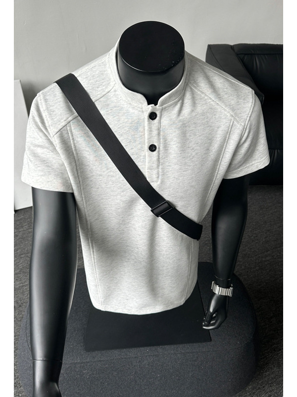 Férfi Henley galléros rövid ujjú póló, nyári casual felső