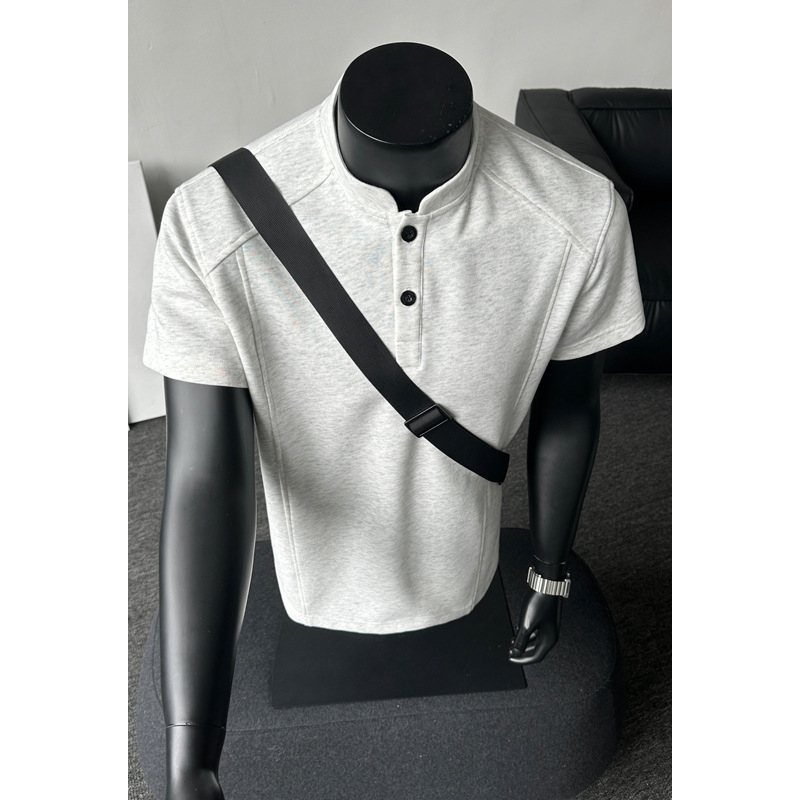 Férfi Henley galléros rövid ujjú póló, nyári casual felső