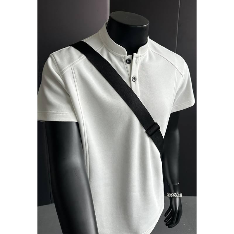 Férfi Henley galléros rövid ujjú póló, nyári casual felső