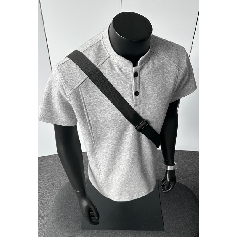Férfi Henley galléros rövid ujjú póló, nyári casual felső