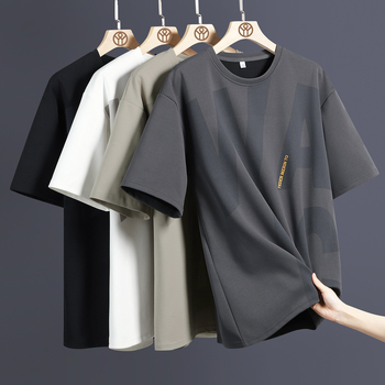 Férfi rövid ujjú póló, plusz méret, vékony anyag, laza szabás, betűs mintás, poliészter, nyár 2024