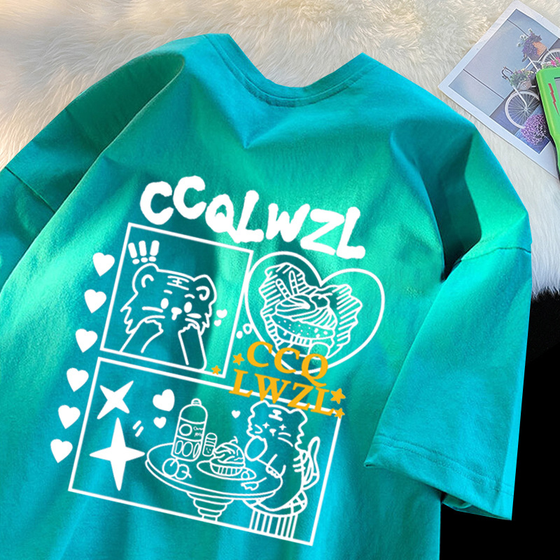 Muški pamučni T-shirt kratkih rukava, američki stil, inspiriran Hong Kongom, opuštena silueta, geometrijski uzorak, ljeto.