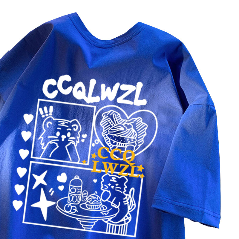 Muški pamučni T-shirt kratkih rukava, američki stil, inspiriran Hong Kongom, opuštena silueta, geometrijski uzorak, ljeto.