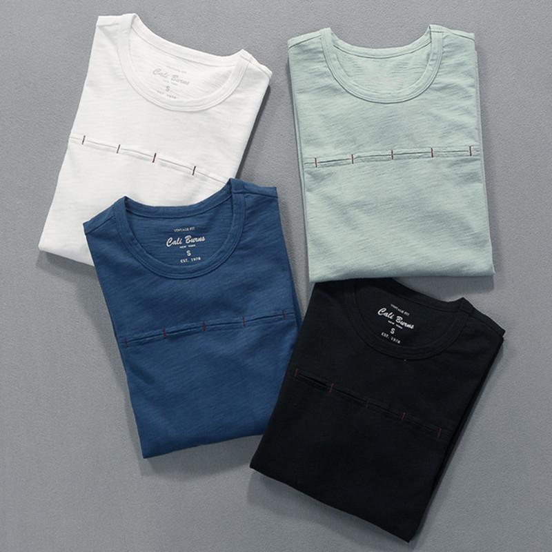 Őszi férfi hosszú ujjú T-shirt, karcsúsított szabás, egyszínű pamutból, slub textúrájú, japán stílusú, alapréteg felső