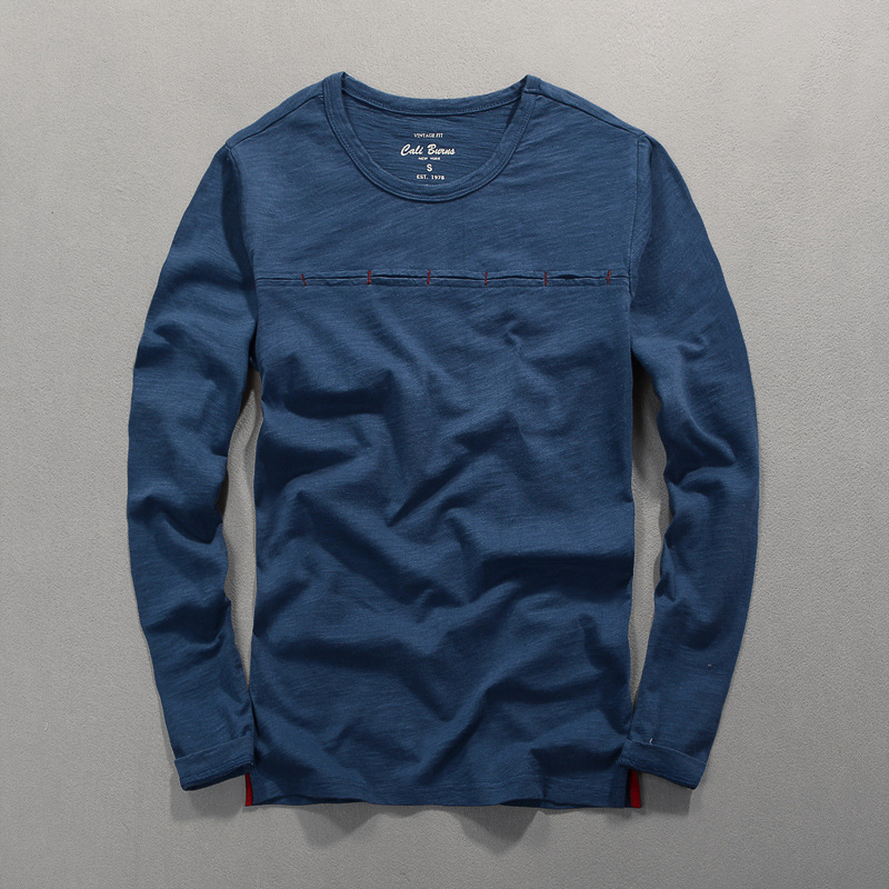 Őszi férfi hosszú ujjú T-shirt, karcsúsított szabás, egyszínű pamutból, slub textúrájú, japán stílusú, alapréteg felső