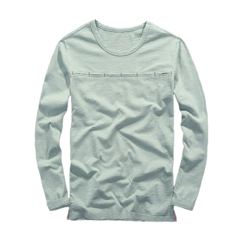 Őszi férfi hosszú ujjú T-shirt, karcsúsított szabás, egyszínű pamutból, slub textúrájú, japán stílusú, alapréteg felső