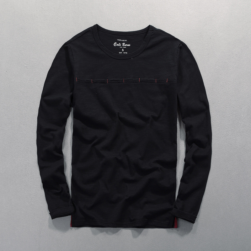 Őszi férfi hosszú ujjú T-shirt, karcsúsított szabás, egyszínű pamutból, slub textúrájú, japán stílusú, alapréteg felső