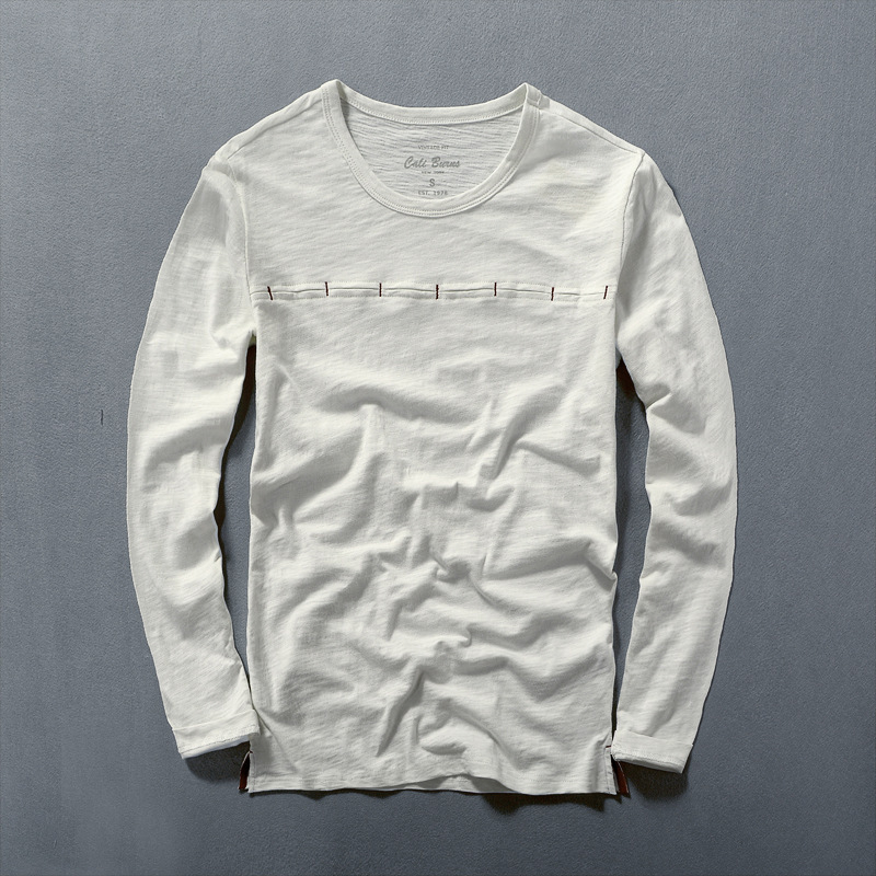 Őszi férfi hosszú ujjú T-shirt, karcsúsított szabás, egyszínű pamutból, slub textúrájú, japán stílusú, alapréteg felső