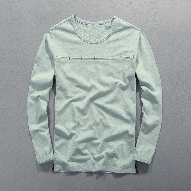 Őszi férfi hosszú ujjú T-shirt, karcsúsított szabás, egyszínű pamutból, slub textúrájú, japán stílusú, alapréteg felső