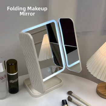 Make-up zrkadlo na stole s LED osvetlením a úložnou skrinkou, 2 v 1, skladací kryt, nastaviteľné zrkadlo