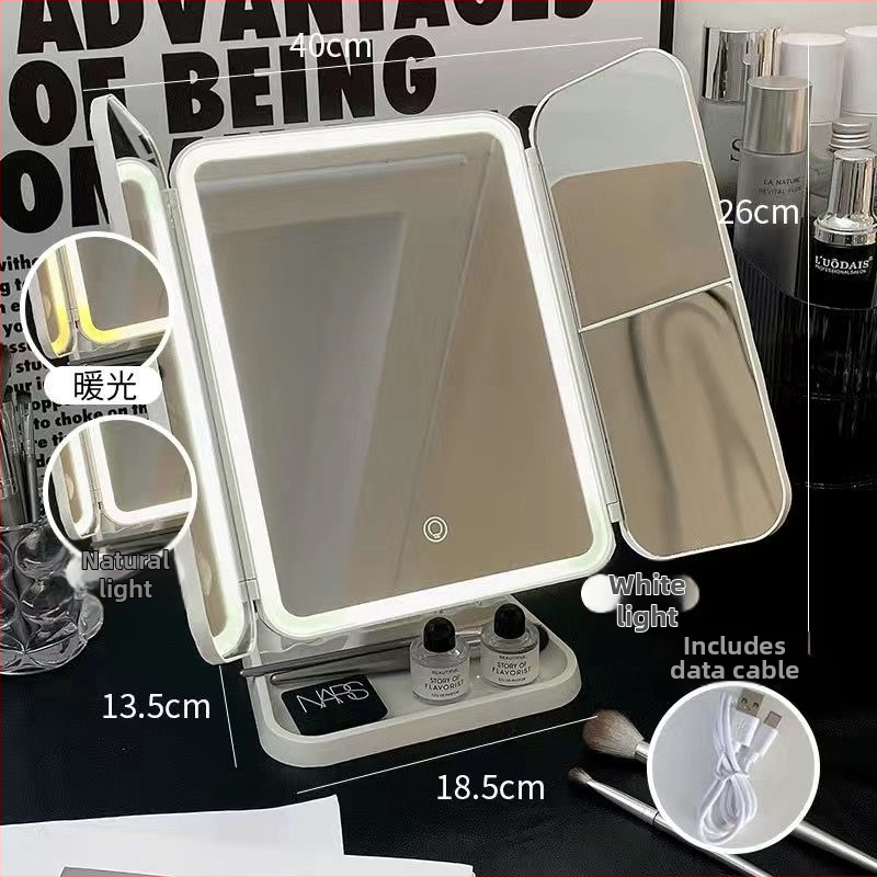 Make-up zrkadlo na stole s LED osvetlením a úložnou skrinkou, 2 v 1, skladací kryt, nastaviteľné zrkadlo