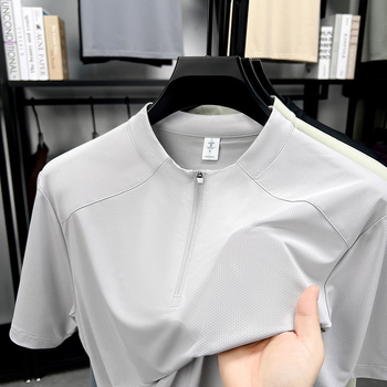Férfi rövid ujjú póló, nyár 2025, mindennapi sportos viselet, fél-zip gallér, Ice Silk gyorsan száradó