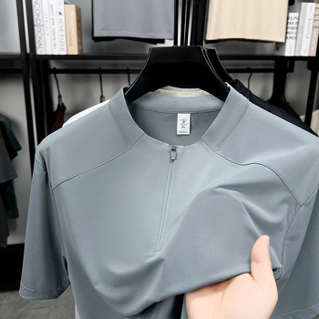 Férfi rövid ujjú póló, nyár 2025, mindennapi sportos viselet, fél-zip gallér, Ice Silk gyorsan száradó
