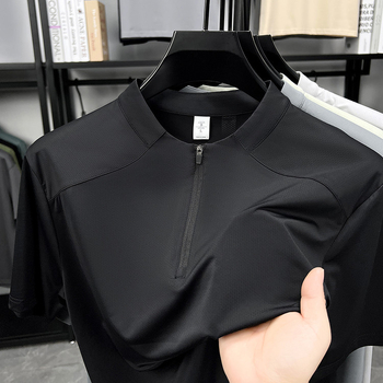 Férfi rövid ujjú póló, nyár 2025, mindennapi sportos viselet, fél-zip gallér, Ice Silk gyorsan száradó