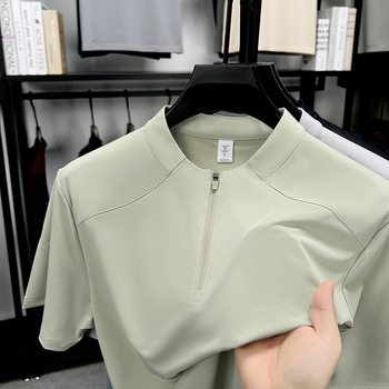 Férfi rövid ujjú póló, nyár 2025, mindennapi sportos viselet, fél-zip gallér, Ice Silk gyorsan száradó