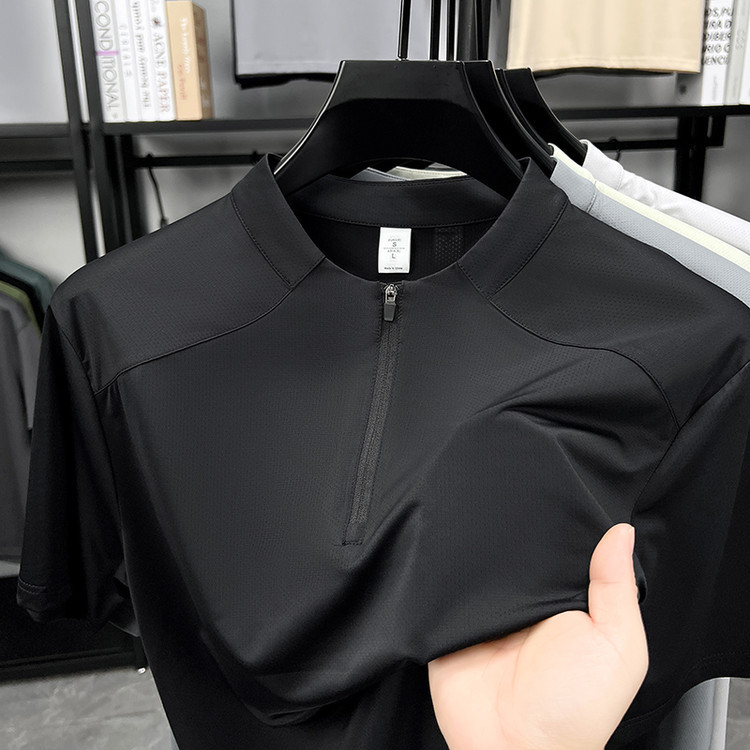 Férfi rövid ujjú póló, nyár 2025, mindennapi sportos viselet, fél-zip gallér, Ice Silk gyorsan száradó