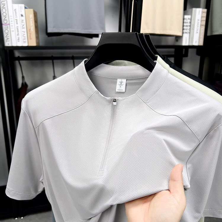 Férfi rövid ujjú póló, nyár 2025, mindennapi sportos viselet, fél-zip gallér, Ice Silk gyorsan száradó