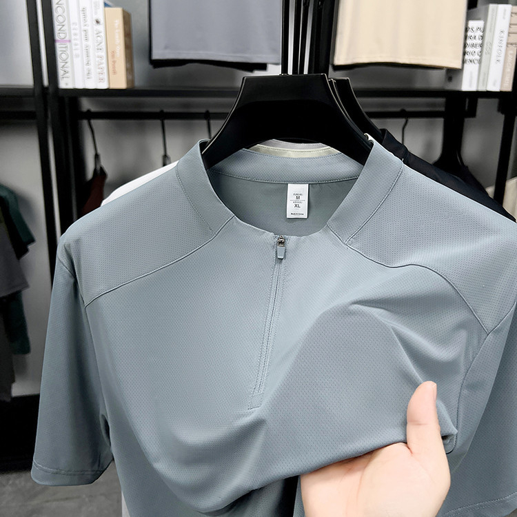 Férfi rövid ujjú póló, nyár 2025, mindennapi sportos viselet, fél-zip gallér, Ice Silk gyorsan száradó